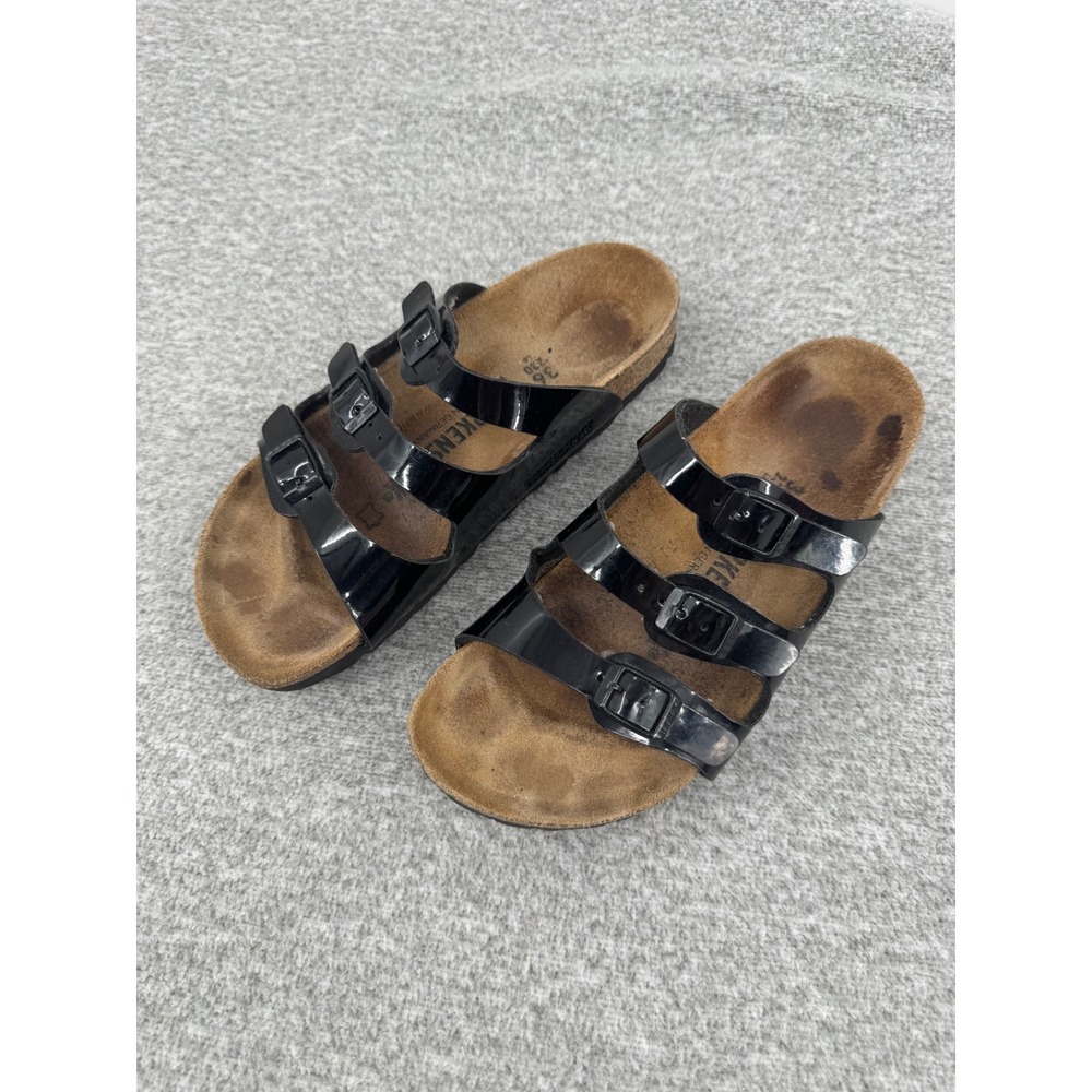 Birkenstock Florida 36 Black Patent Triple Strap Slide Sandals